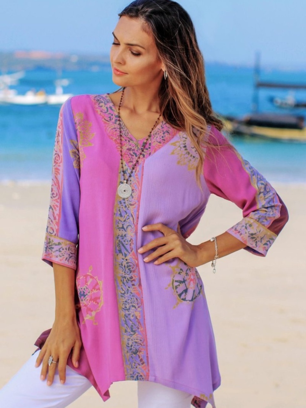 Novica Balinese Twilight in Amethyst Tunic Top Hand Batik 3/4 Sleeve Boho L